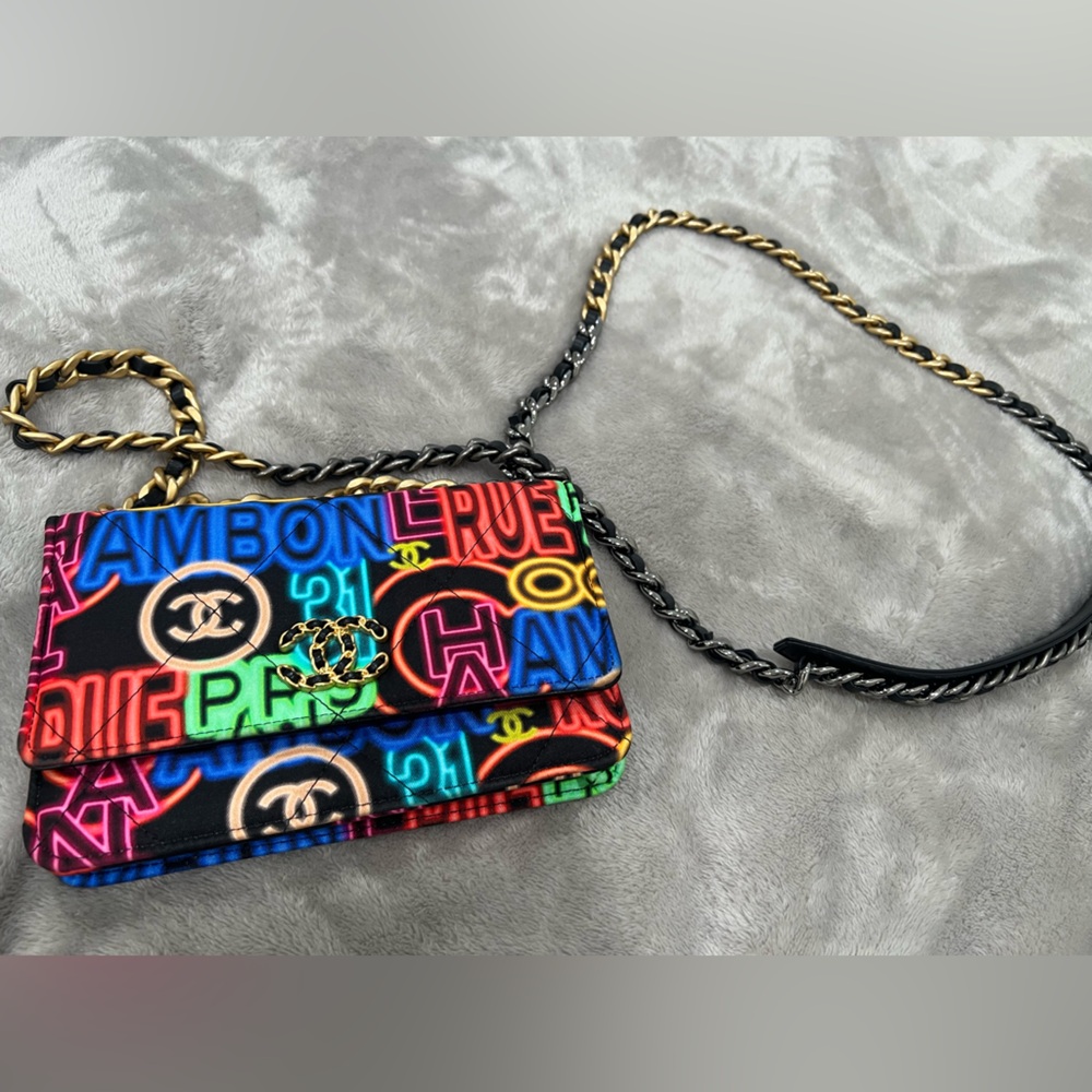 CHANEL Fabric Printed Chanel 19 Wallet On Chain WOC Black Neon Multicolor